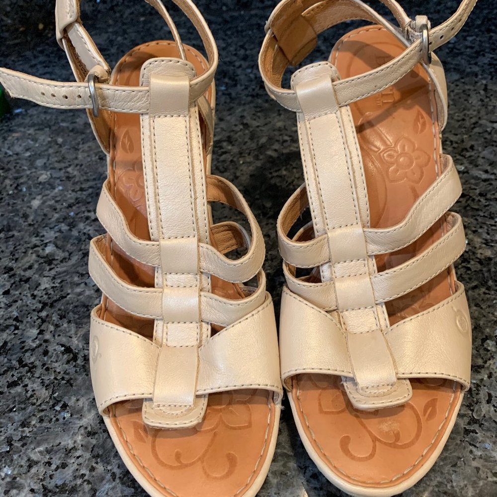 Pearl white, ankle strap, med heel sandal by Born